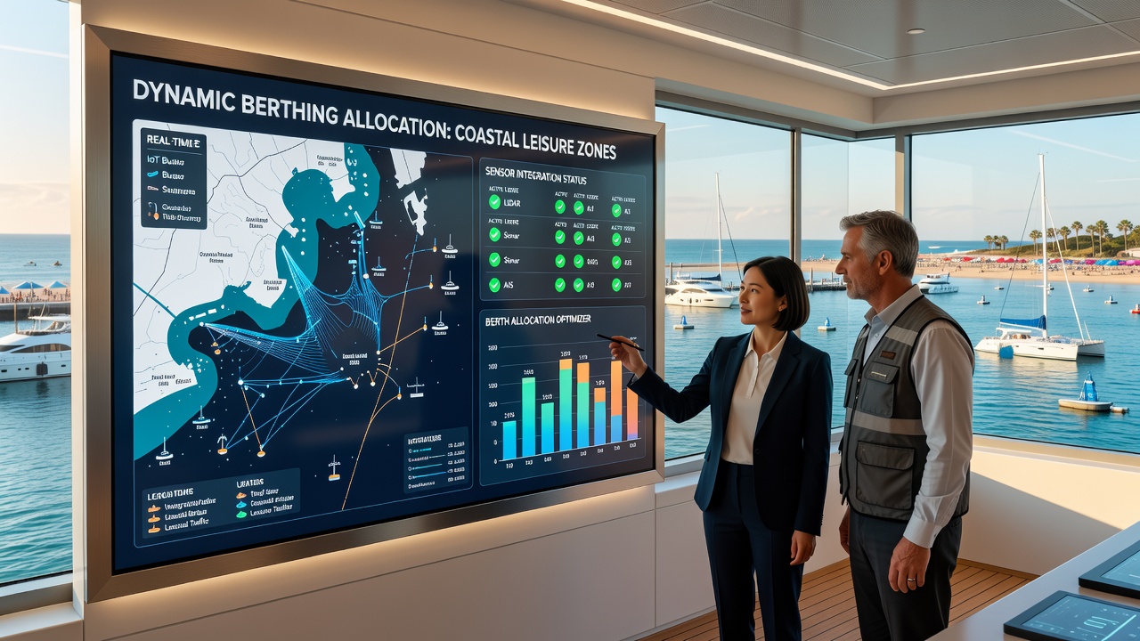 Close-up of integrated sensor gateway processing real-time berthing data in a leisure harbor
