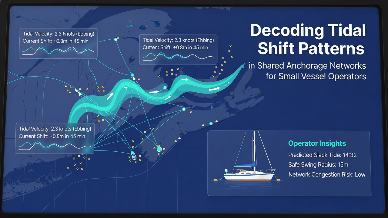 Close-up of tide tables and digital chart plotter displaying tidal shift vectors overlaid on an anchorage layout for small boats